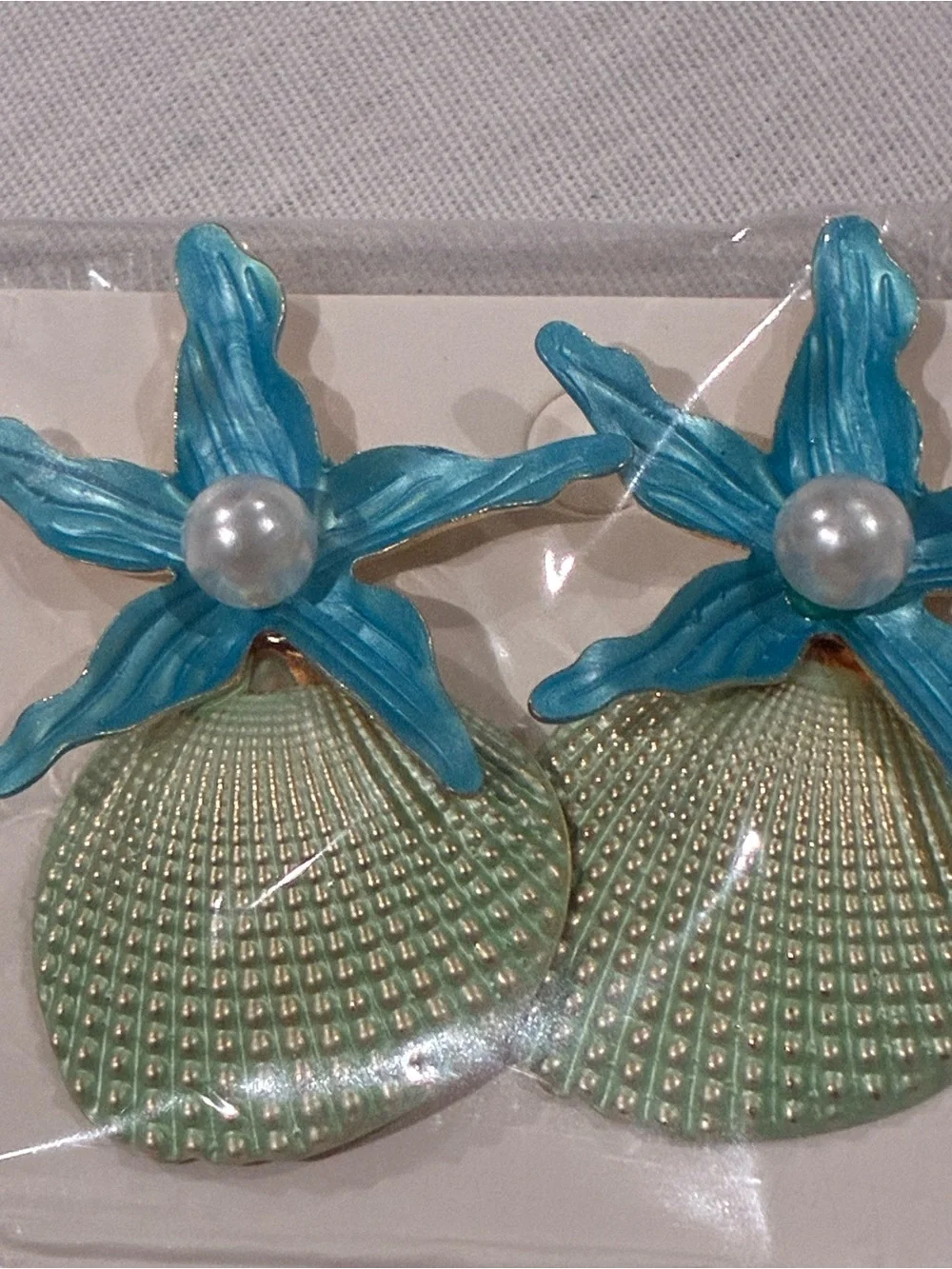 Blue Starfish & Green Shell Drop Earrings